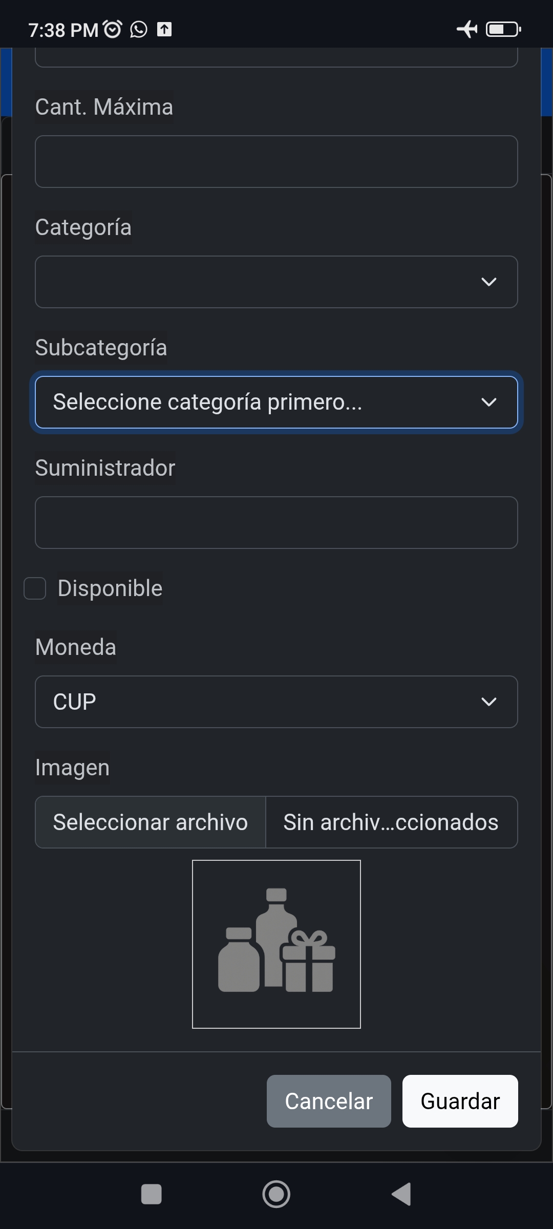 Formulario de productos POSW